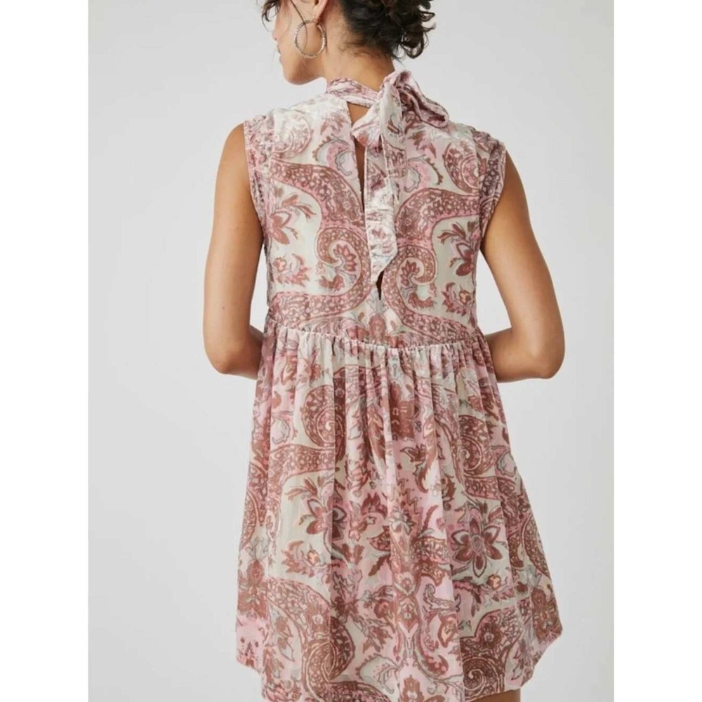 Free People Mini Dress Women XS Pink Paisley Velvet Burnout Mock Neck Boho